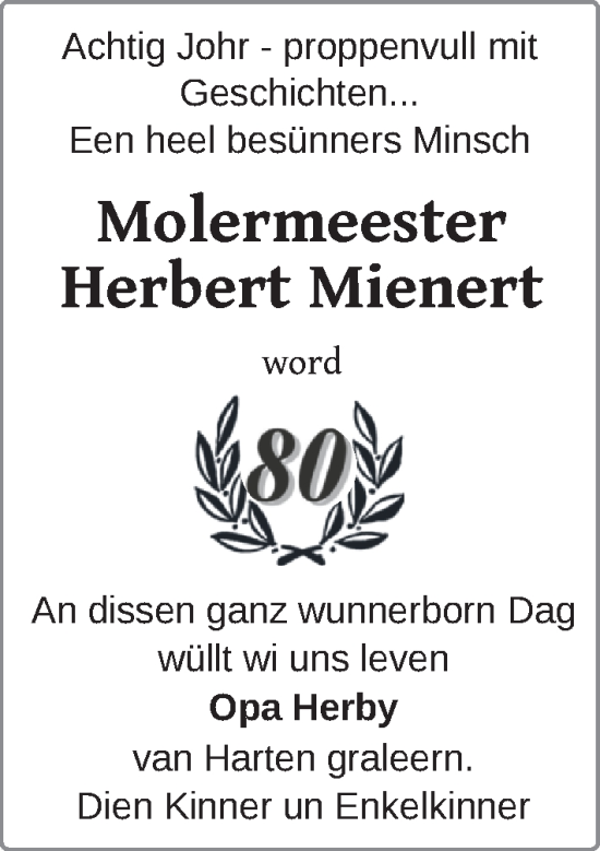 Glückwunschanzeige von Herbert Mienert von Nordwest-Zeitung