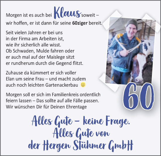 Glückwunschanzeige von Klaus  von Nordwest-Zeitung