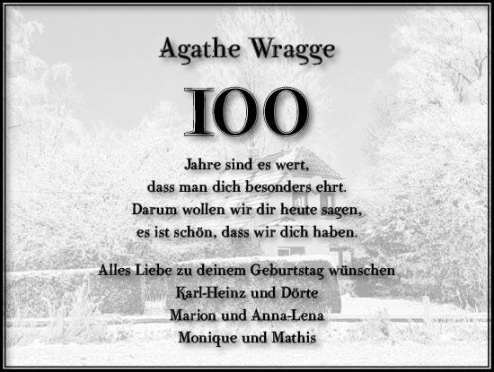 Glückwunschanzeige von Agathe Wragge von BM