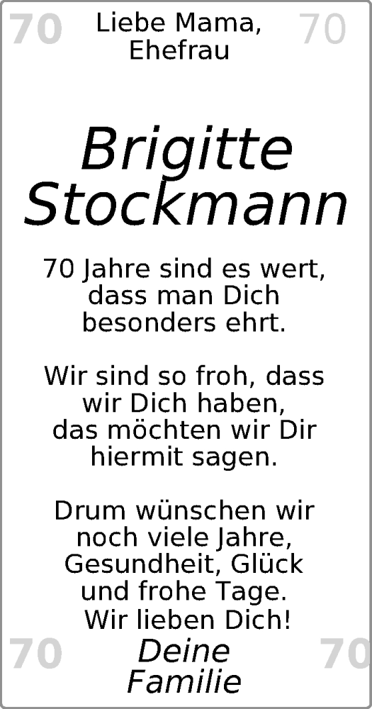 Glückwunschanzeige von Brigitte Stockmann von Nordwest-Zeitung