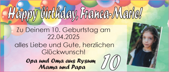 Glückwunschanzeige von Franca-Marie  von EZ