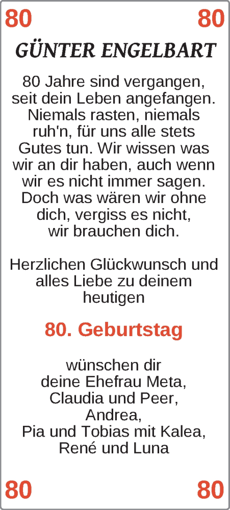 Glückwunschanzeige von Günter Engelbart von Nordwest-Zeitung