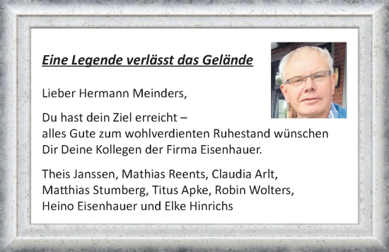 Glückwunschanzeige von Hermann Meinders von BM