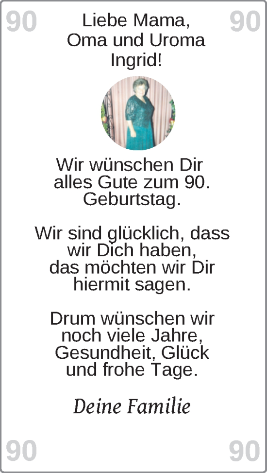 Glückwunschanzeige von Ingrid Schmidt von Nordwest-Zeitung