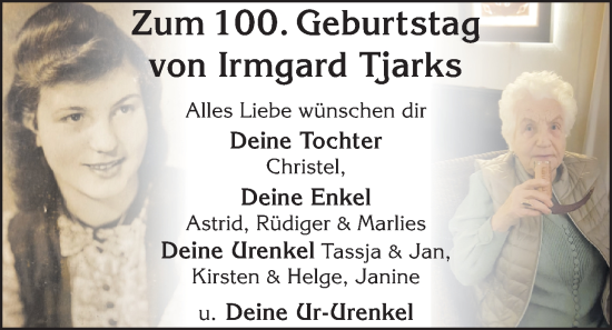 Glückwunschanzeige von Irmgard Tjarks von BM