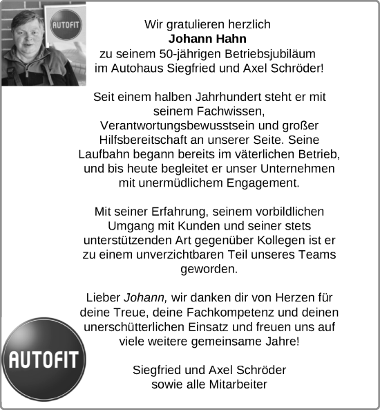 Glückwunschanzeige von Johann Hahn von Nordwest-Zeitung