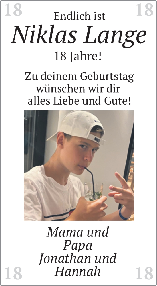 Glückwunschanzeige von Niklas Lange von BM