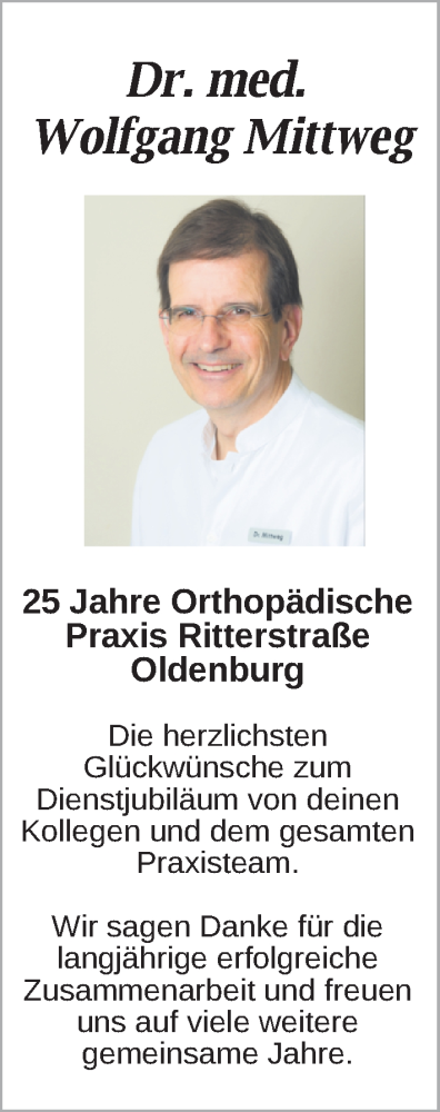 Glückwunschanzeige von Wolfgang Mittweg von Nordwest-Zeitung