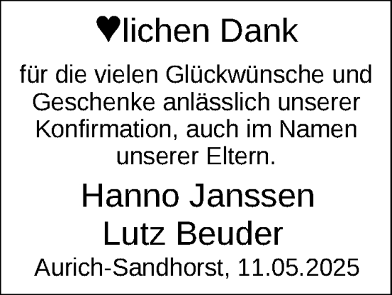Glückwunschanzeige von Hanno Janssen von EZ