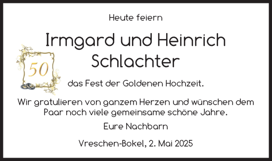 Glückwunschanzeige von Irmgard Schlachter von Nordwest-Zeitung