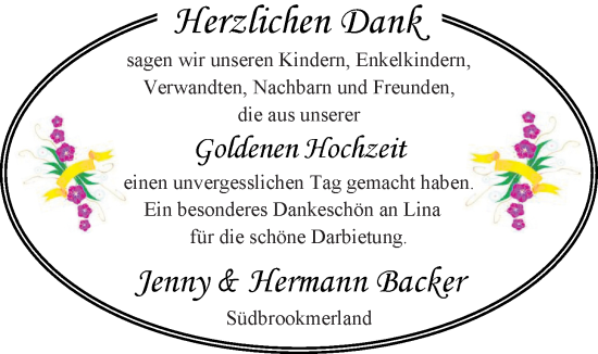 Glückwunschanzeige von Jenny und Hermann  Backer von EZ