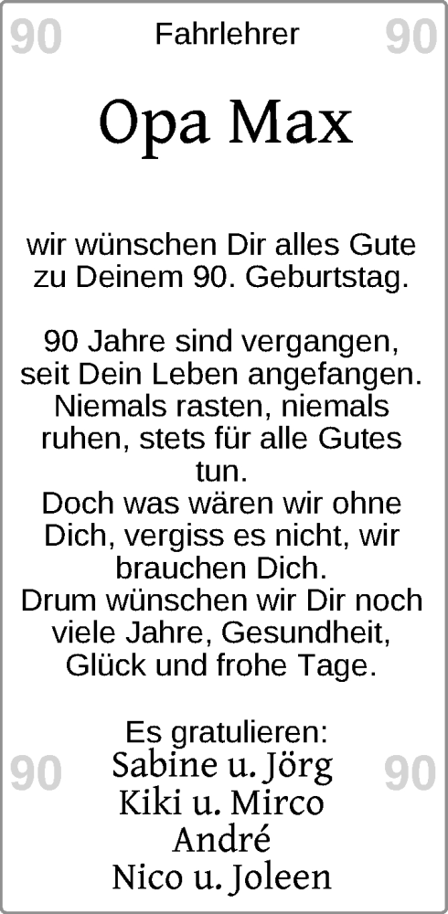 Glückwunschanzeige von Max Kunert von Nordwest-Zeitung