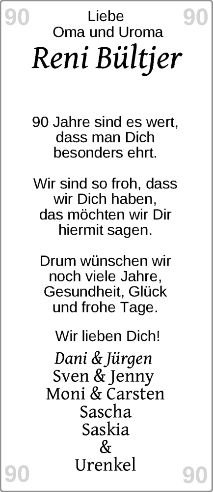 Glückwunschanzeige von Reni Bültjer von Nordwest-Zeitung