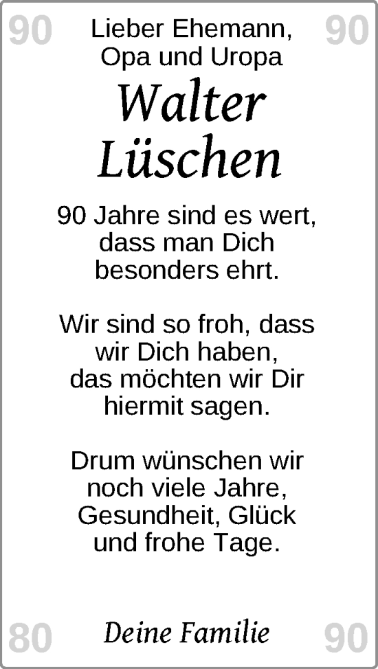 Glückwunschanzeige von Walter LÃ¼schen von Nordwest-Zeitung