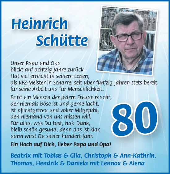 Glückwunschanzeige von Heinrich Schütte von Nordwest-Zeitung