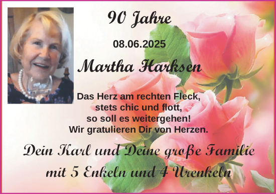 Glückwunschanzeige von Martha Harksen von Nordwest-Zeitung