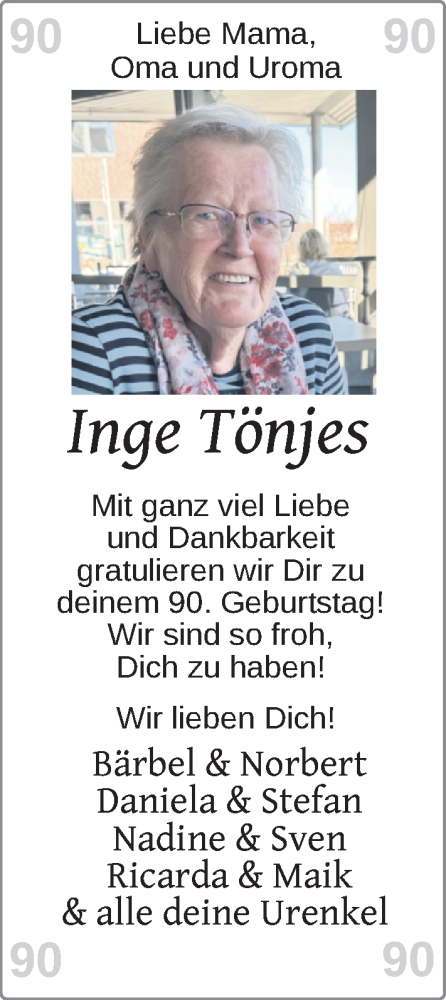 Glückwunschanzeige von Inge Tönjes von Nordwest-Zeitung