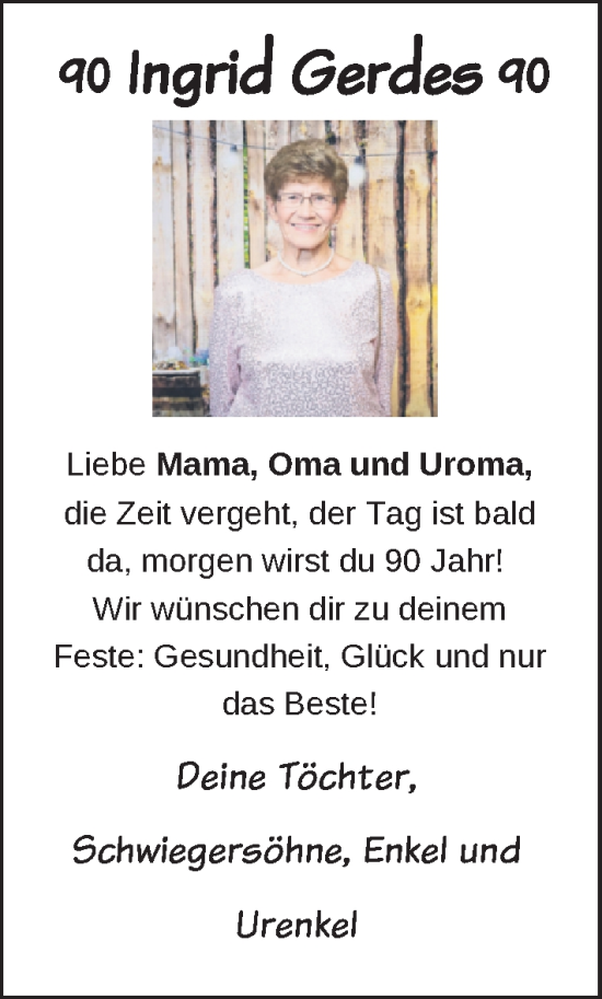 Glückwunschanzeige von Ingrid Gerdes von Nordwest-Zeitung