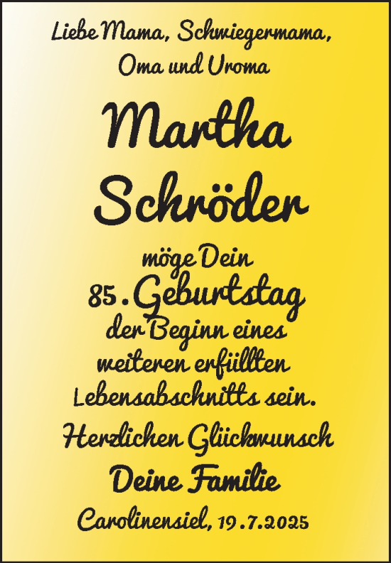 Glückwunschanzeige von Martha Schröder von BM