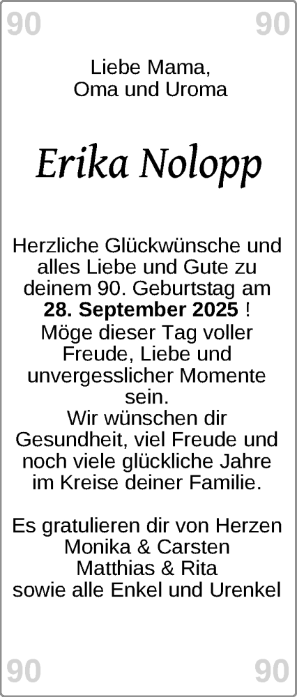 Glückwunschanzeige von Erika Nolopp von Nordwest-Zeitung
