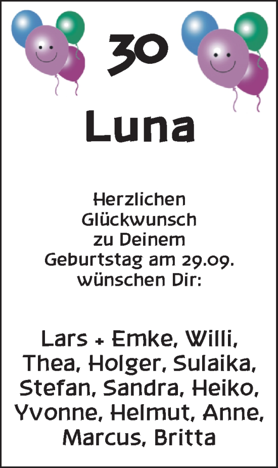 Glückwunschanzeige von Luna Schleuder von EZ