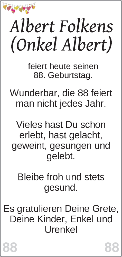 Glückwunschanzeige von Albert Folkens von BM