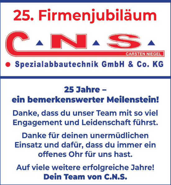 Glückwunschanzeige von Firmenjubiläum CNS Spezialabbautechnik GmbH & Co. KG von Nordwest-Zeitung