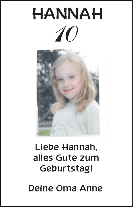 Glückwunschanzeige von Hannah  von Nordwest-Zeitung
