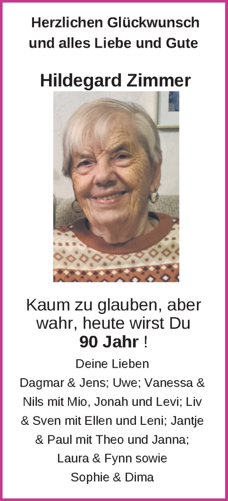 Glückwunschanzeige von Hildegard Zimmer von BM