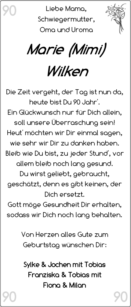 Glückwunschanzeige von Marie (Mimi) Wilken von BM
