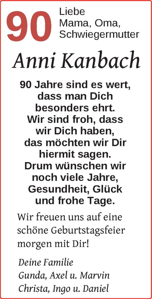 Glückwunschanzeige von Anni Kanbach von Nordwest-Zeitung