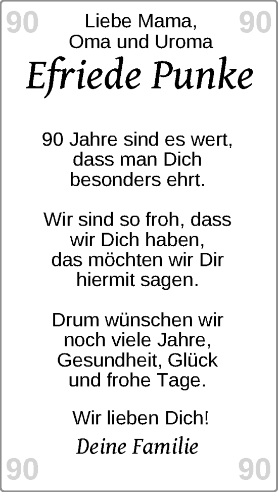 Glückwunschanzeige von Efriede Punke von Nordwest-Zeitung