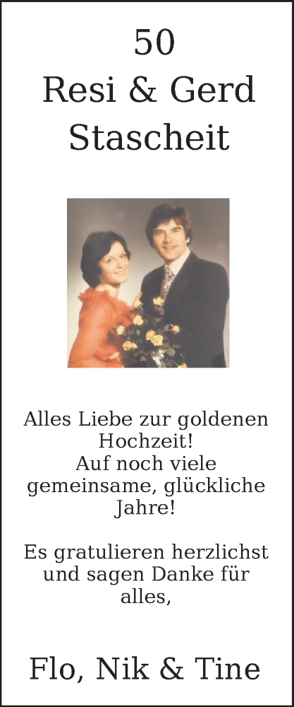 Glückwunschanzeige von Resi und Gerd Stascheit von Nordwest-Zeitung